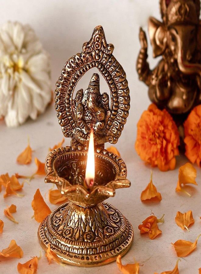 كلاسيك معدن كلاسيكي عتيق Ganeshaji Idols Diya مطلي بالذهب لمصباح زيت المعبد للمنزل والمكتب وغرفة بوجا، ديكور ديوالي 5 باتي ديا | (عبوة من 1، ذهبي) - Image 2